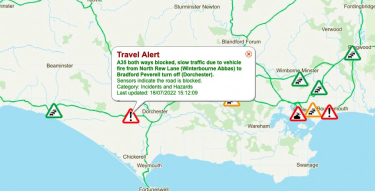 The A35 between Bridport and Dorchester is currently blocked due to a lorry fire and motorists should find and alternative route