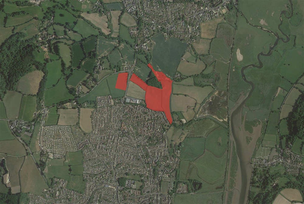 The map shows the area for development between Seaton and Colyford in red The map shows the area for development between Seaton and Colyford in red