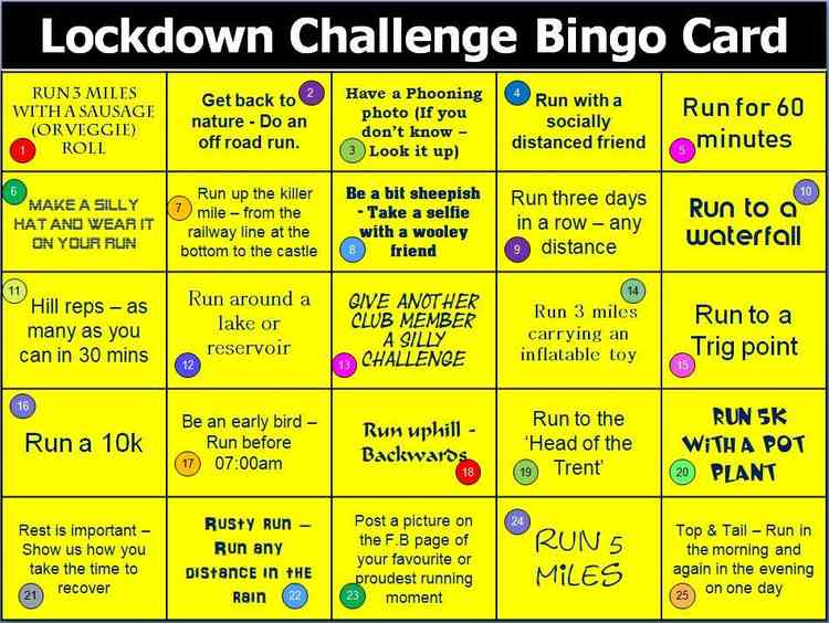 Biddulph Running Club's lockdown bingo card