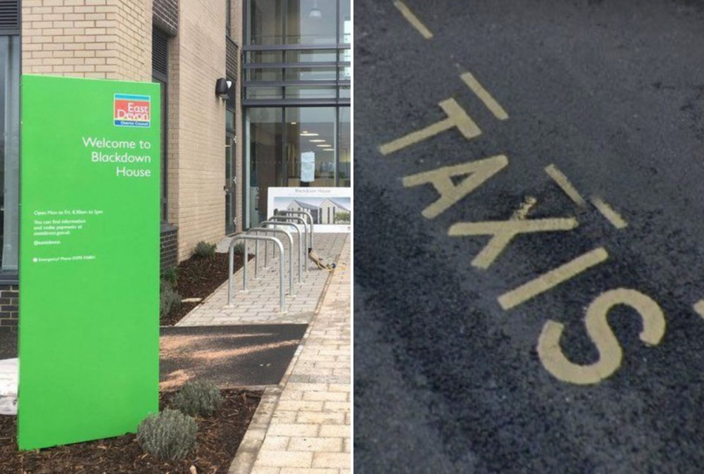 L: East Devon District Council (LDRS). R: Taxi rank (Google Maps)