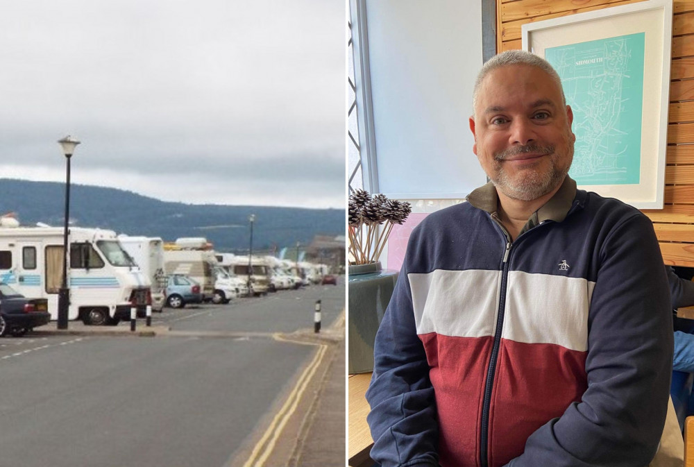 L: Campervans on Exmouth seafront (LDRS). R: Cllr Bruce de Saram