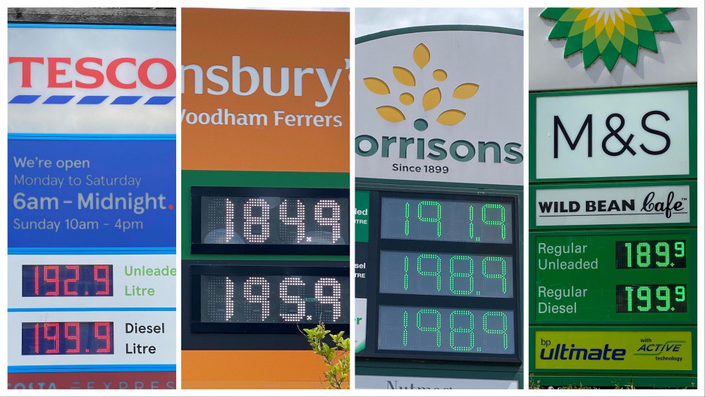 Petrol prices in Maldon and elsewhere. (Photos: Lynda Townend and Karen Fallon)