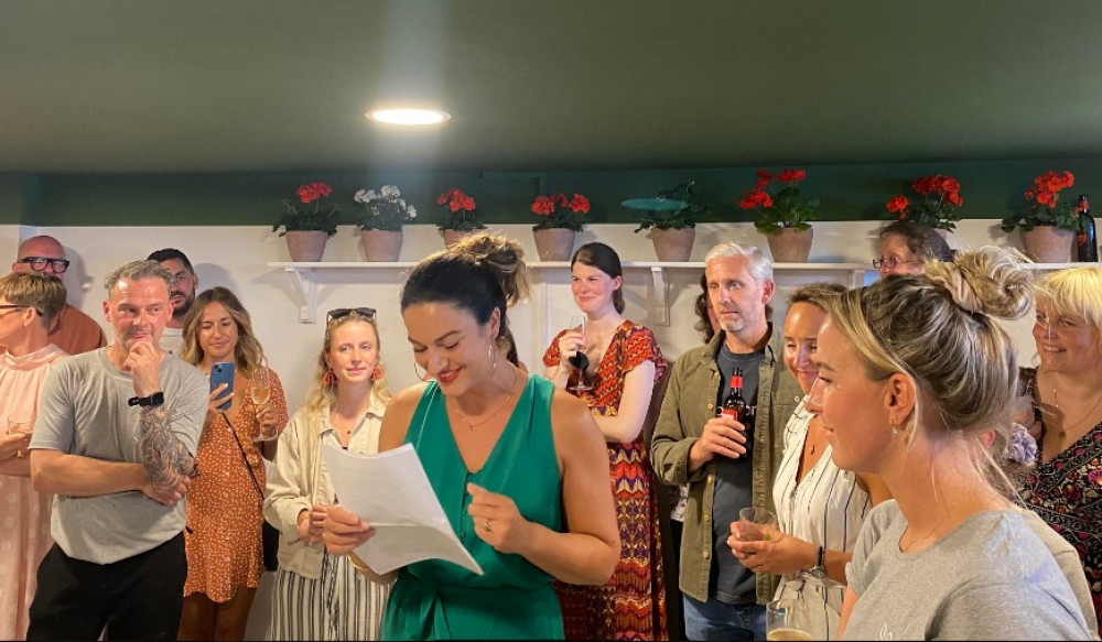 Owner Kate Attlee makes a speech at Sabzi Falmouth.