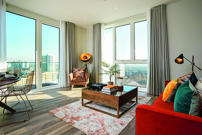 The lounge of the show apartment in Viewpoint, Battersea