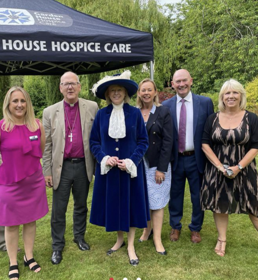 Hospice chair Steve Mellish has paid tribute to outgoing CEO Sue Plummer (right). PICTURE: The Bishop of St Albans hosted a garden party for supporters of the Hospice in June. Carla Pilsworth, Right Reverend Dr Alan Smith, the Bishop of St Albans, High Sheriff of Hertfordshire, Sally Burton,  Sarah-Jane Free, Steve Mellish and Sue Plummer. CREDIT: @HitchinNubNews