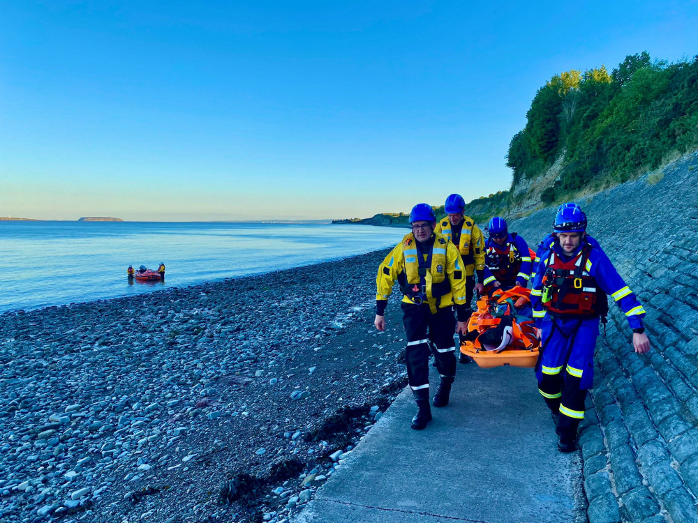 The training exercise simulated the management of a casualty in the water with spinal injuries. (Image credit: RNLI Penarth)