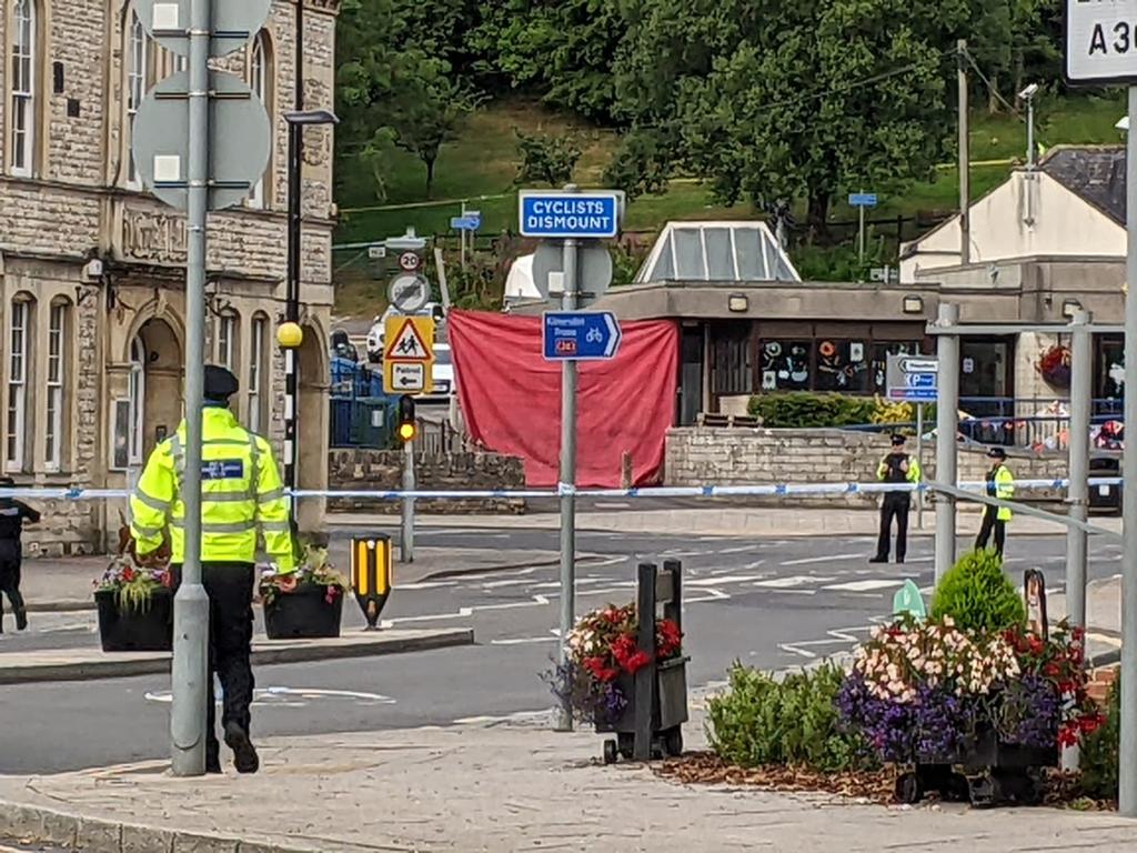 Radstock this morning August 1 following fatal stabbing in the town 