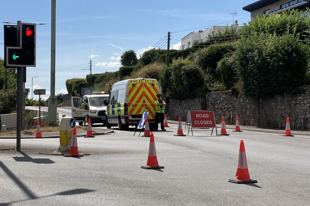 Police road closure near Shaldon Bridge, Teignmouth (Nub News, Will Goddard)