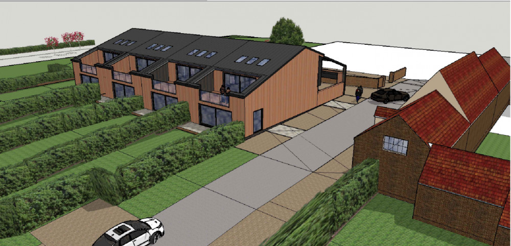 The 'redundant' barn at Oakley Wood Farm will be converted into a row of four homes (image via planning application)