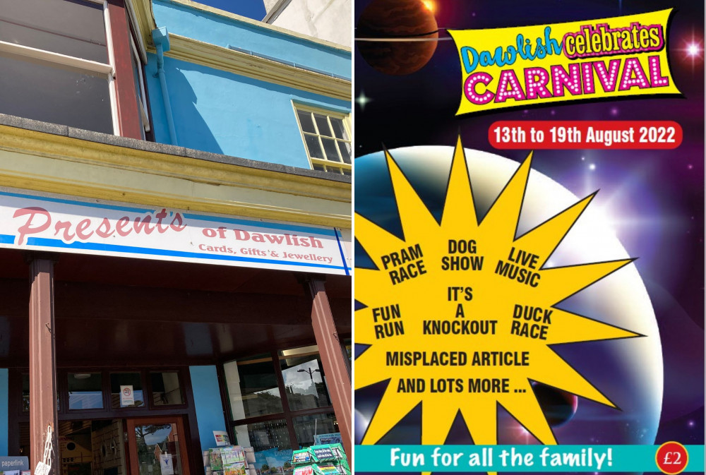 L: Presents of Dawlish, one of the locations where you can buy a programme (Nub News, Will Goddard). R: Front cover of the programme (Dawlish Celebrates Carnival)