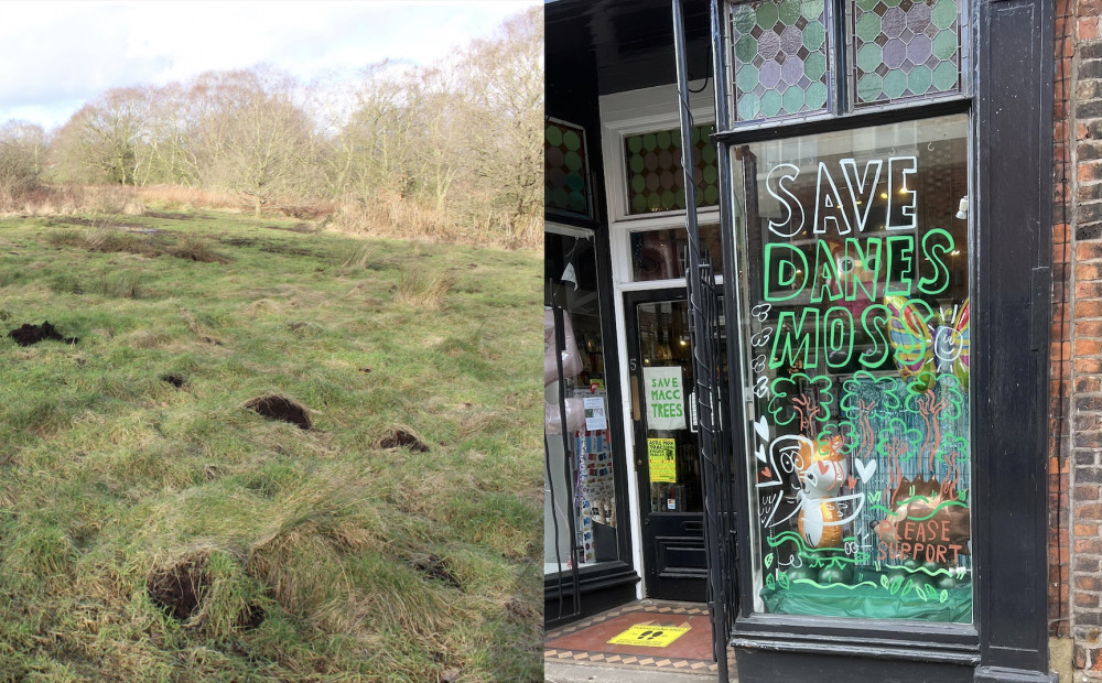 Peat at the under-threat site, and Cheshire Balloons' new shopfront promoting the cause. (Image - Alexander Greensmith / Cheshire Balloons)