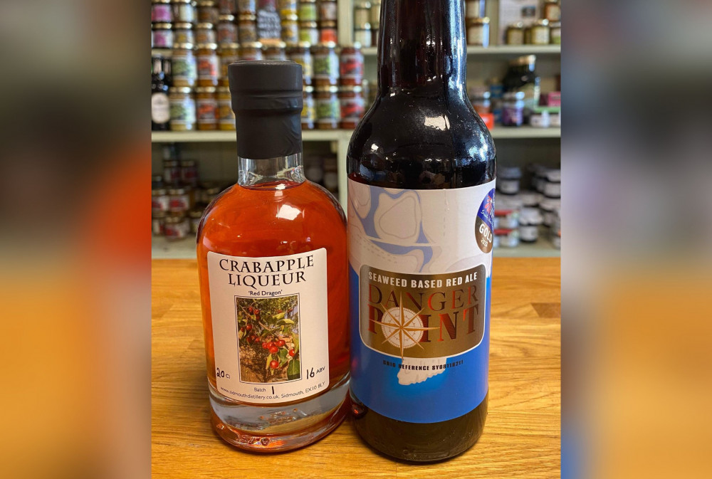 Sidmouth Gin's crabapple liqueur 'Red Dragon' and Ebb Tides Seaweeds' beer 'Danger Point' (John Hammond)