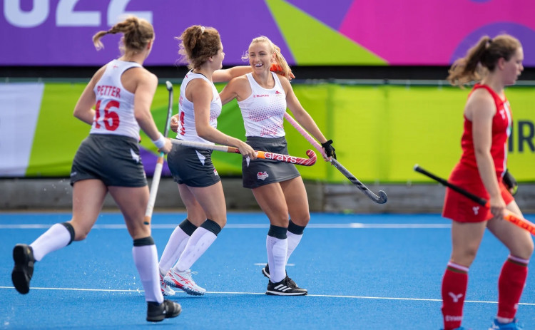 Hannah celebrating goal against Wales (Picture credit: England Hockey Association)