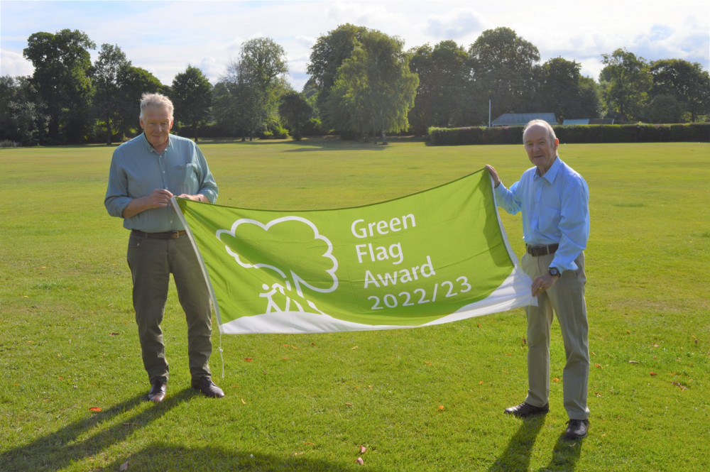 Ashby de la Zouch Town Council leader John Coxon with Cllr Roger Bayliss as the Bath Grounds retains its green flag status