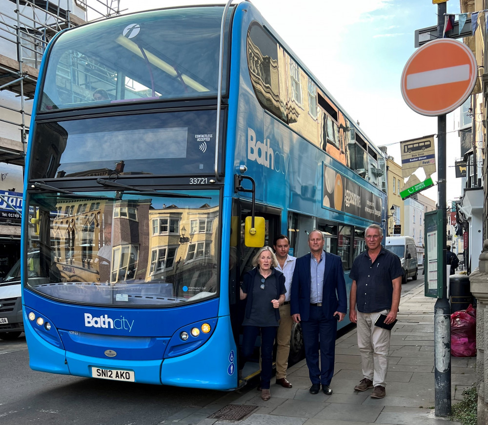 The 173 bus route between Bath and Wells has been saved. From left, Somerset County Councillors Tessa Munt, Theo Butt Philip & Mike Rigby, with Wells City Councillor Gordon Folkard - Wells Liberal Democrats