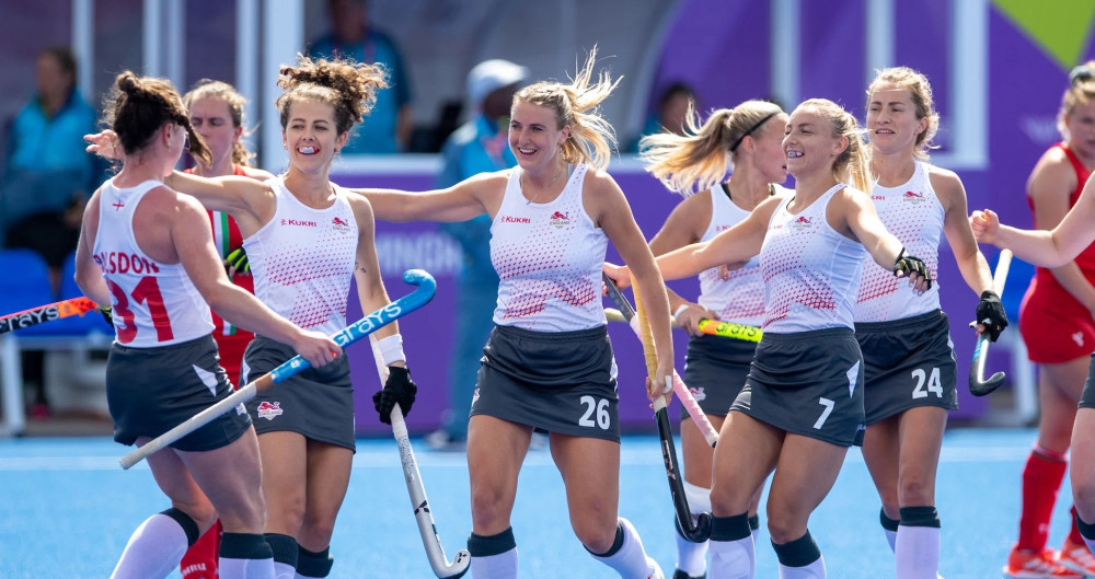 Hannah Martin (number seven) celebrating as England's win in the Commonwealth Games finals (Picture credit: England Hockey Association)