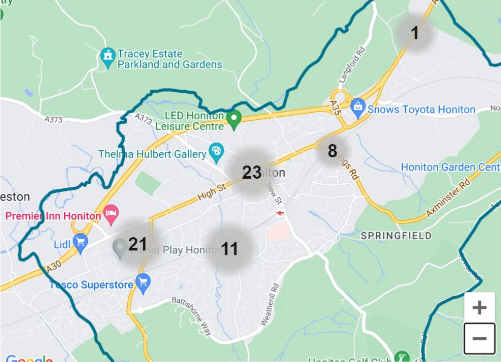 A map of Honiton showing incidents of crime. Credit: Devon and Cornwall Police 