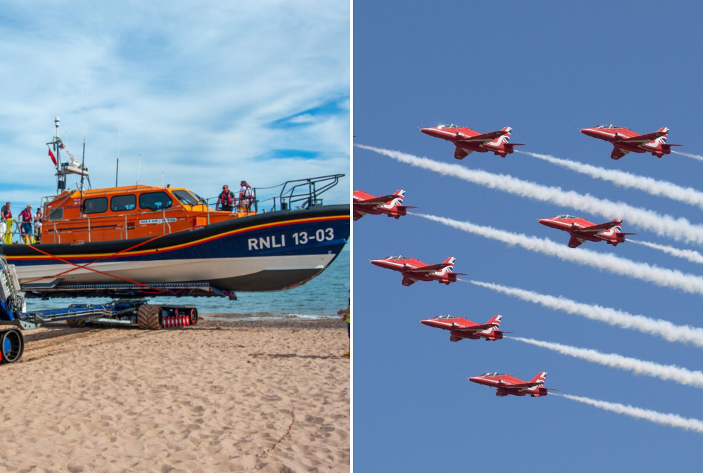 L: Exmouth RNLI All Weather Lifeboat 13-03 R & J Welburn during the recovery process (John Thorogood/ RNLI). R: Red Arrows