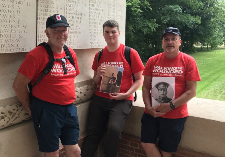 David Brown, Macclesfield lad Vincent Morrison (with a photo of his later brother Max) and Crewe resident Stephen Benson at the Thiepval Memorial. (Image - Stephen Benson)