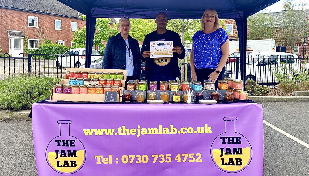 (L-R) Claire Lambert, Commercial Facilities Officer at NWLDC, Shaquille Hinds, owner of The Jam Lab and Clare Proudfoot, Environmental Protection Team Manager at NWLDC at Ashby Artisan Market