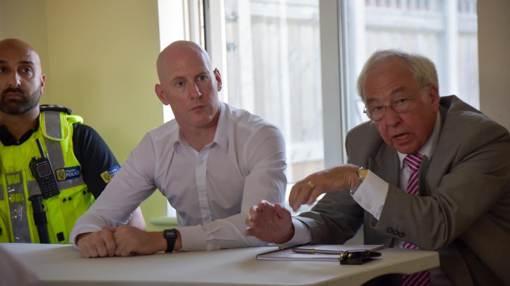 Police and Crime Commissioner, John Dwyer, with Chief Inspector Fez Khan and Dr Kieran Mullan MP (Cheshire Constabulary).