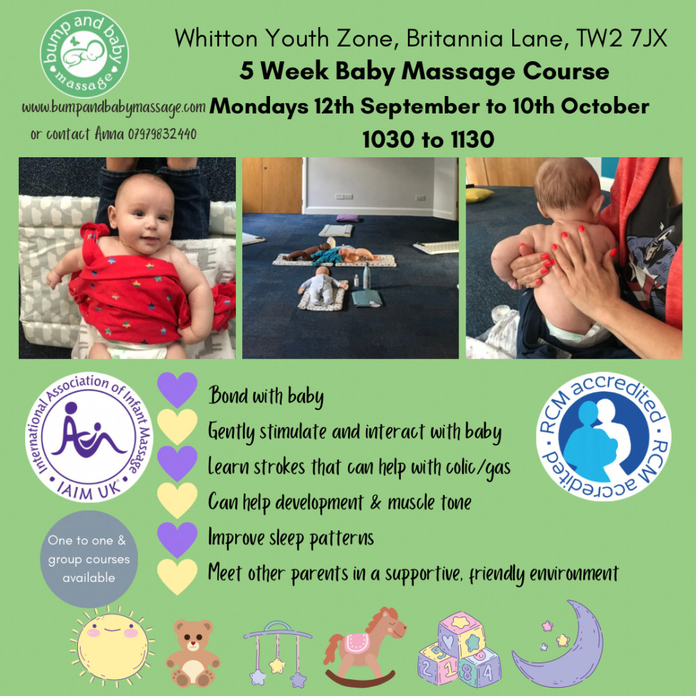 Five week baby massage course. Learn a beautiful full body massage for your baby with a qualified International Association of infant massage instructor. Meet other parents and learn this skill in a relaxed, friendly, supportive environment.