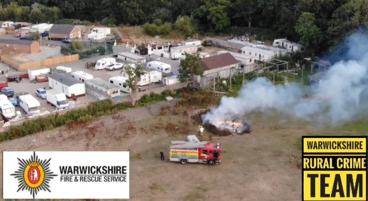 The fire had been caused by someone deciding to burn a number of old kitchen units (Image via Warwickshire Police Rural Crime Team)