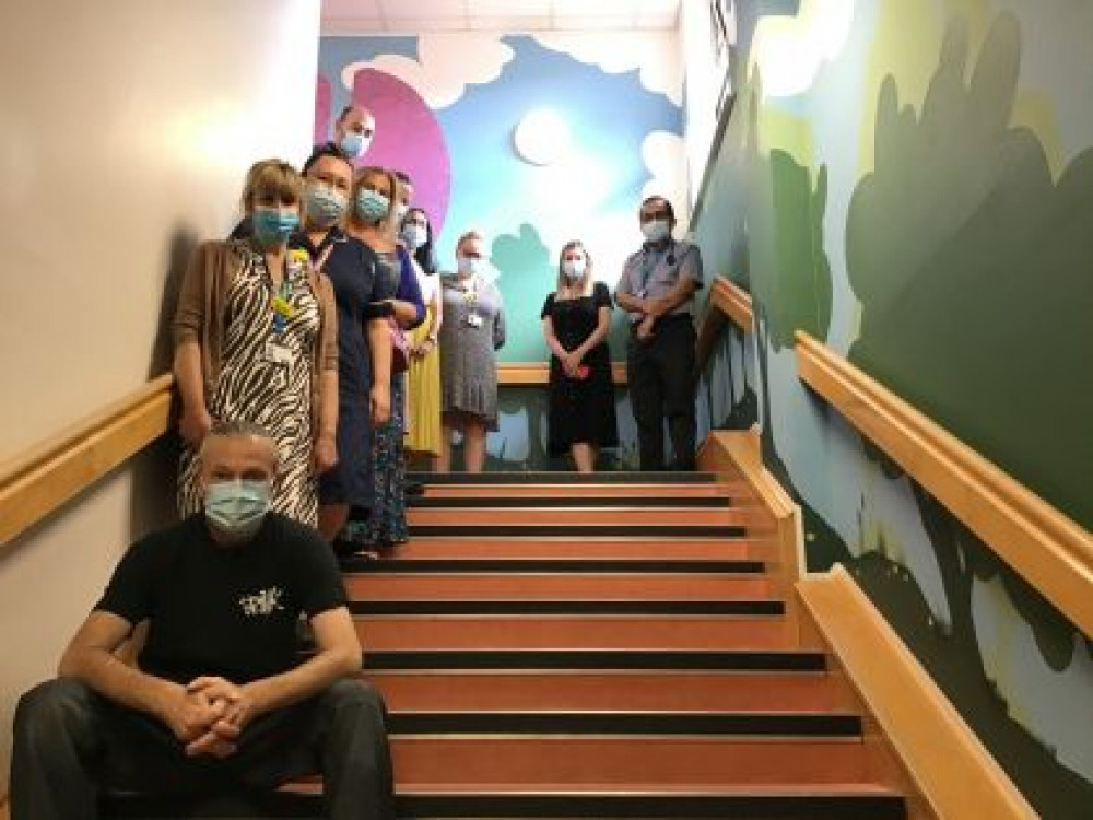 Escape Arts and Leamington-based BRINK Contemporary Arts help transform a large stairwell at Warwick Hospital (image via NHS SWFT)