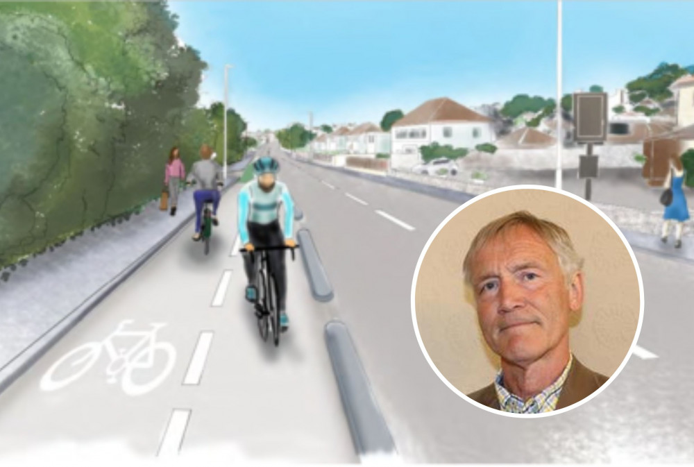 Artist’s impression of South Devon Highway, perspective of two-way cycle track via Kingskerswell. Inset: Cllr Gary Taylor (TDC)