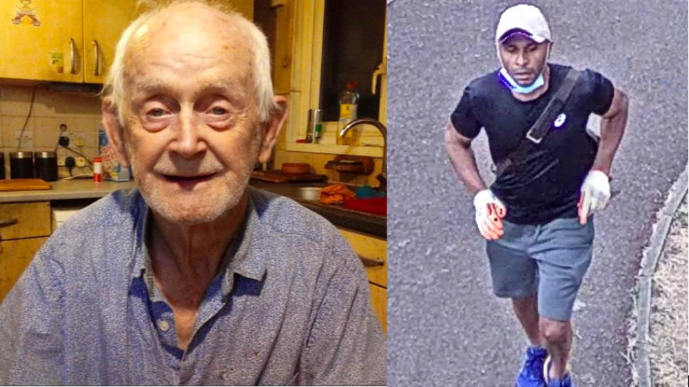 The elderly victim Thomas O'Halloran (left) and the man police are attempting to identify in relation to the tragic stabbing.