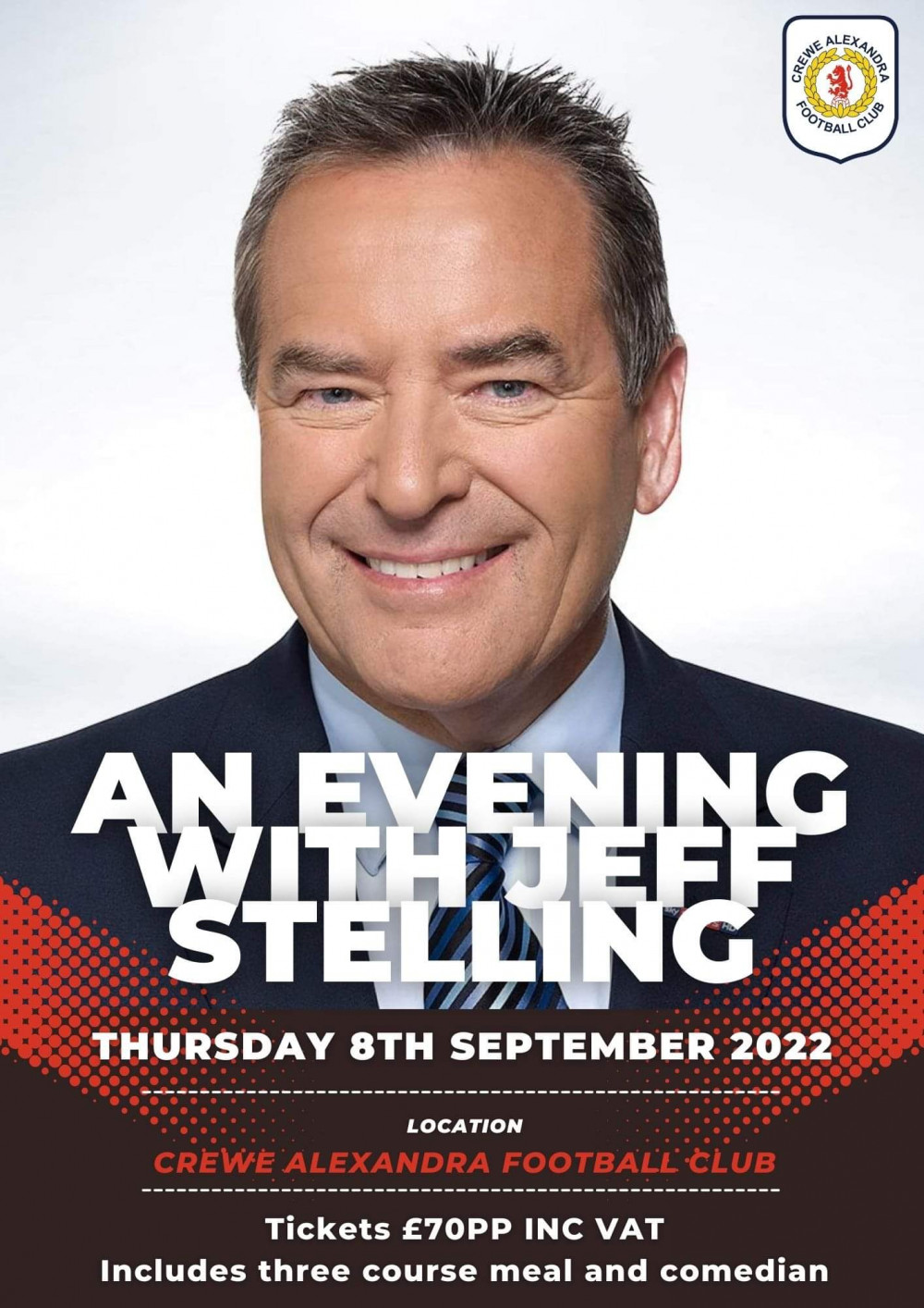 An evening with Jeff Stelling live at Crewe Alexandra FC on Thursday (September 8).