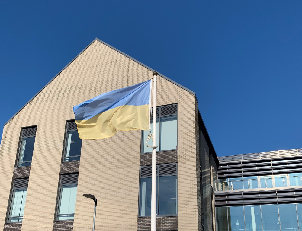 Ukrainian Flag flying at Blackdown House, Honiton (Photo credit EDDC)