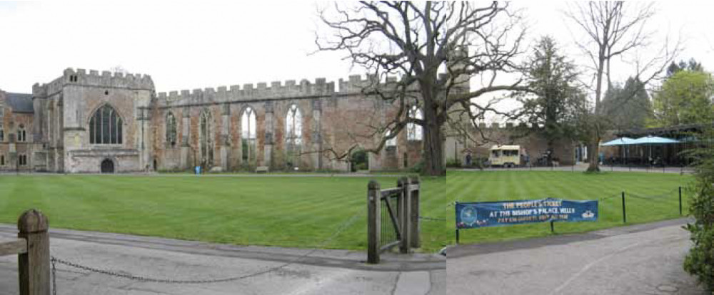 Forecourt with the ticket trailer to the right of the Great Hall, under the trees. Image: Bishop's Palace/Architecton