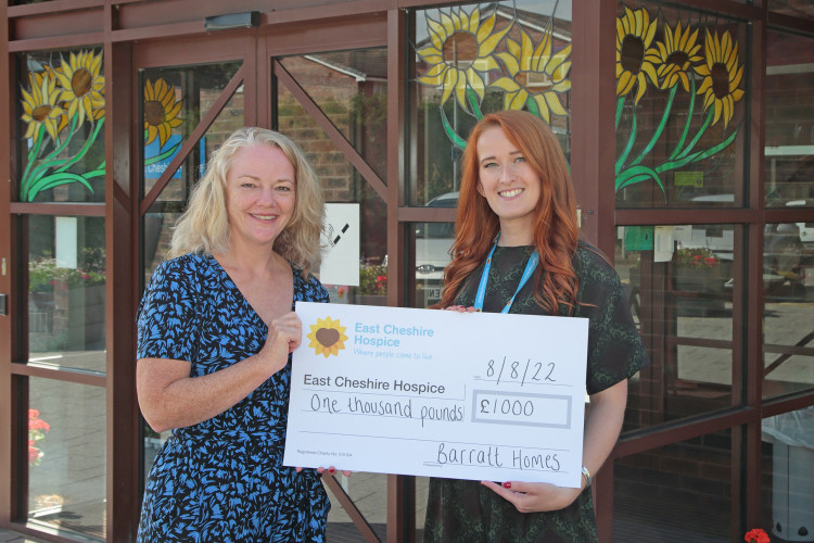 A grand gesture: Sarah Teagle and Elaine Caulfield outside of the Sunflower Centre at East Cheshire Hospice. (Image - Barratt Homes)