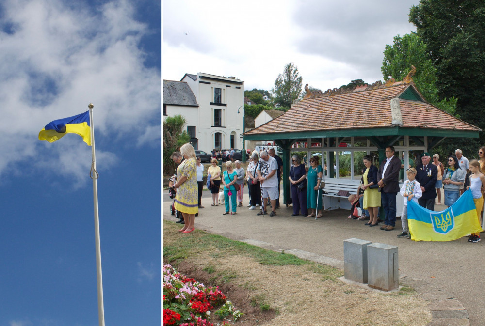 L: Ukrainian flag atop flagpole in Dawlish. R: Gathered local politicians, supporters, and Ukraine refugees at the Piazza (Nub News/ Will Goddard)