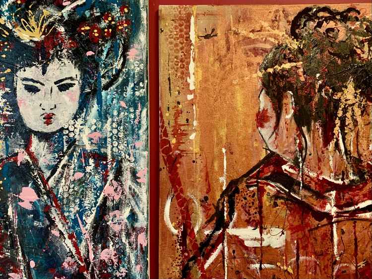 Billie's paintings depict Japanese Geishas