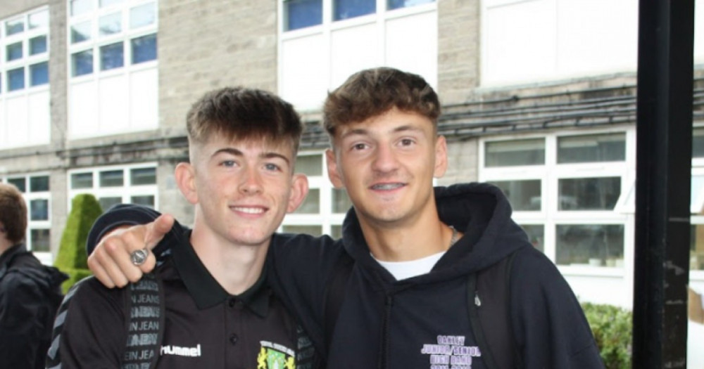 Alex Stevens (left) and Michael Archibald (right) receiving their GCSE results