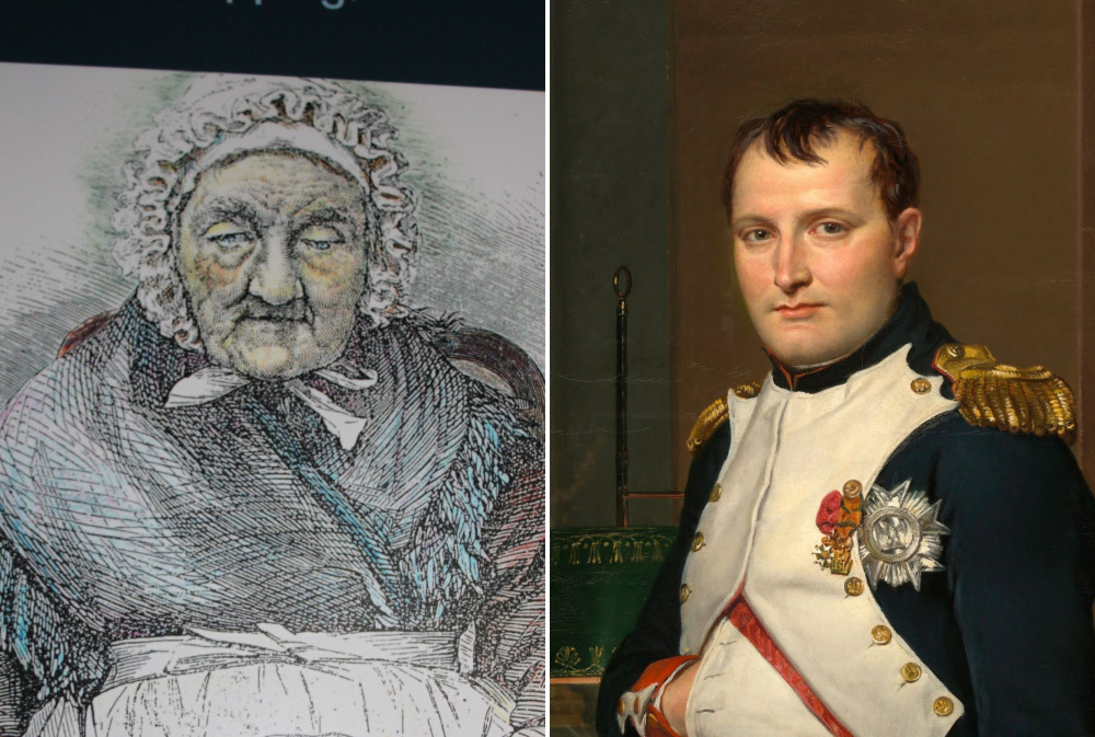 L: Ann Perriam, from display at Exmouth Museum. R: 1812 portrait of Napoleon Bonaparte (Jacques-Louis David)