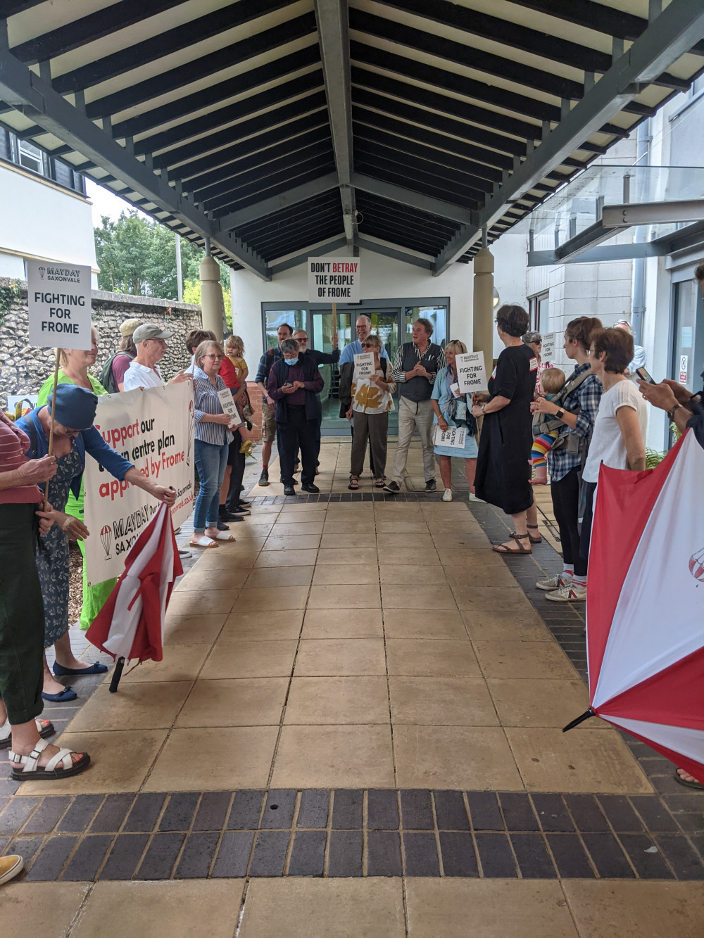 Mayday Saxonvale Campaigners Protesting Outside Mendip District Council\'s Headquarters In Shepton Mallet. CREDIT: Mayday Saxonvale. Free to use for all BBC