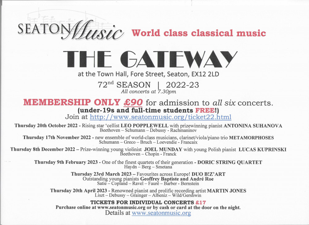 Seaton Music 72nd season starting 20th October