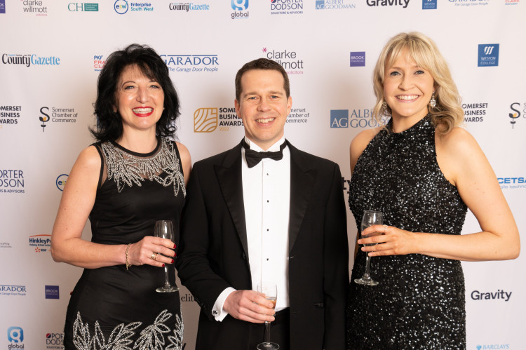 From left, Emma Rawlings, Chief Executive of Somerset Chamber of Commerce, Michael  Cahill of main awards’ sponsor Albert Goodman and award host, BBC journalist and  presenter Claire Carter. 