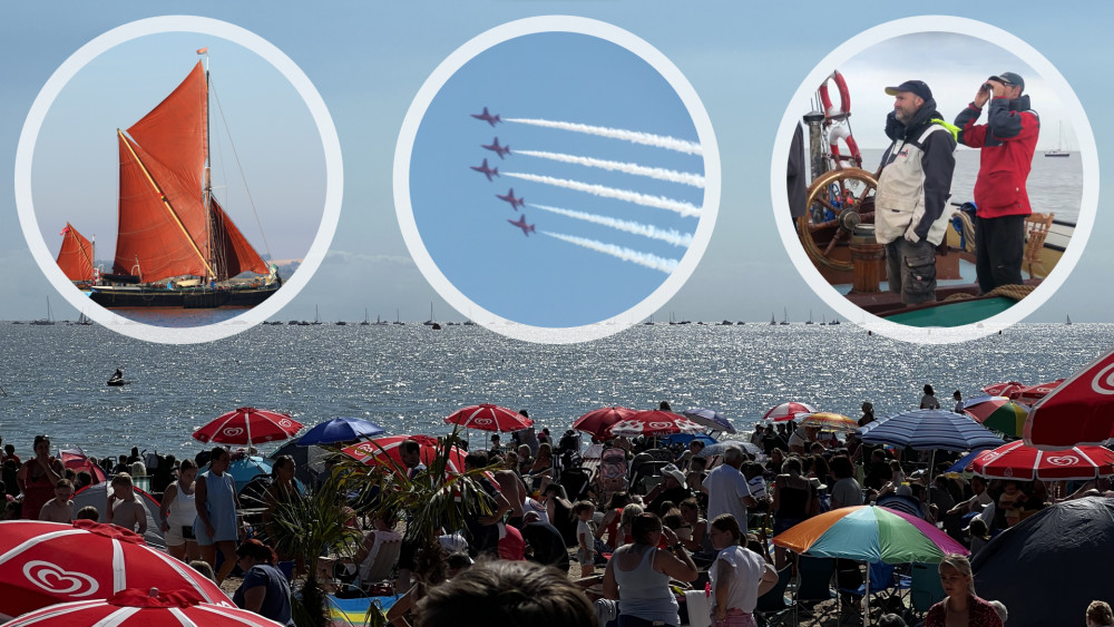 Top left: Centaur at the Blackwater Barge Match earlier this month. Top middle: The Red Arrows delighted visitors at the Clacton Air Show yesterday. Top right: The crew aboard Centaur, watching the Air Show from the sea. (Photos: Nub News, Annie Meadows and Richard Dawson)