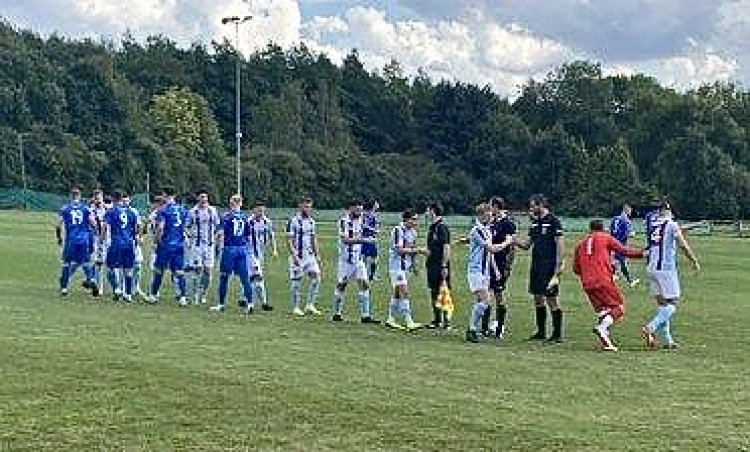 The teams line up to shake hands before the game