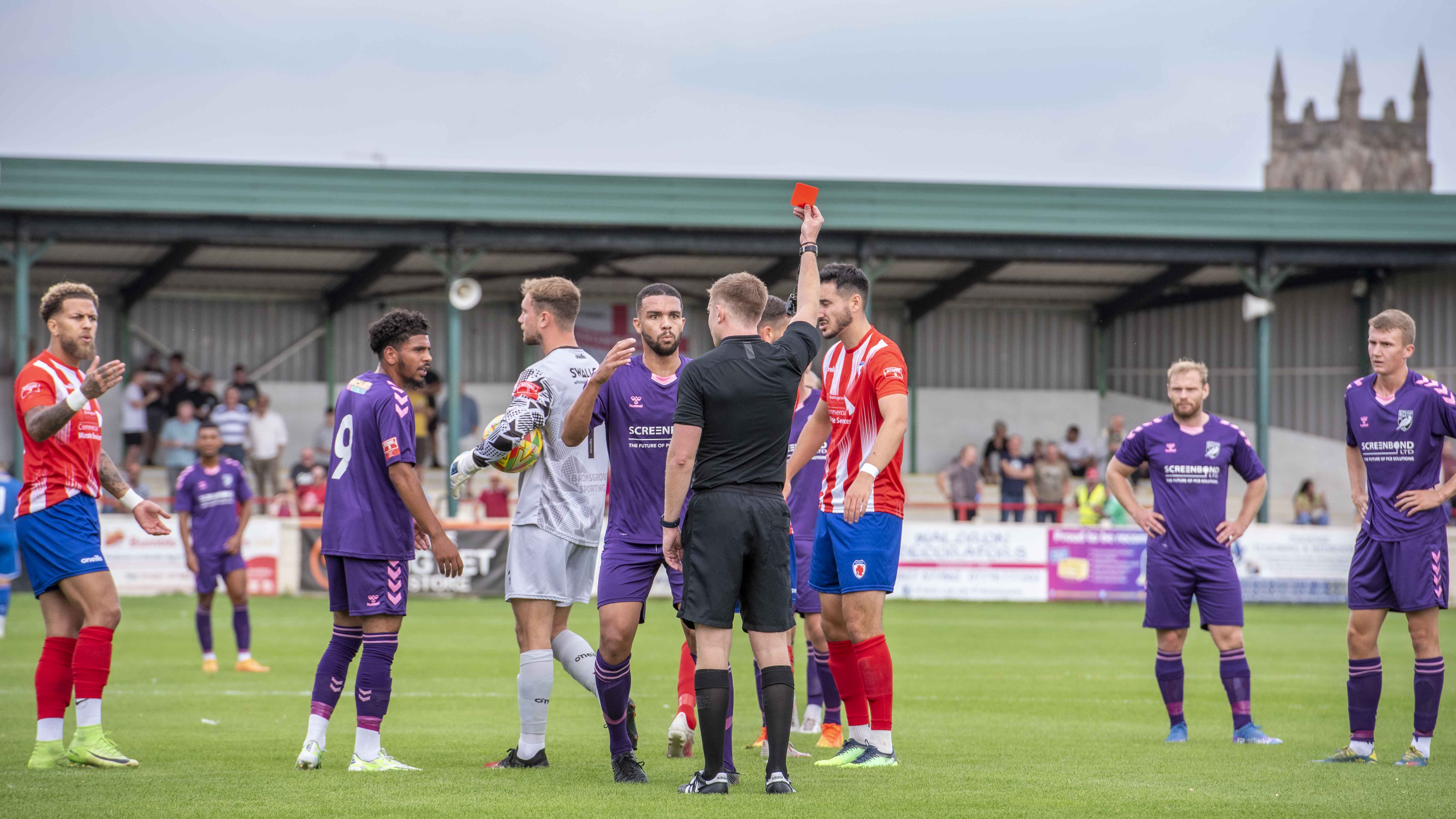 Bromsgrove Sporting 2-1 Hitchin Town. PICTURE: A pivotal moment as Lewis Barker is sent off early on. CREDIT: Peter Else 