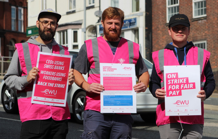 Broadband engineers from Macclesfield are on strike today. Nathan Flood (right) told macclesfield Nub News why. (Image - Alexander Greensmith / Macclesfield Nub News)