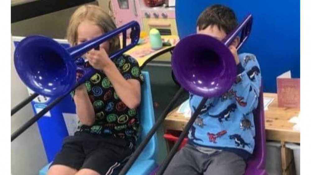 A local music centre which aims to ensure that all local children have an opportunity to learn to play a musical instrument regardless of their socio-economic background, shared the joy of music with a Hucknall holiday club last week. Photo courtesy of  Hucknall National Out of School Club.