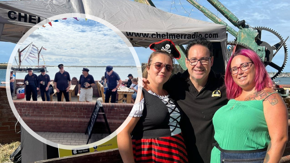 Inset left: The Hoy Shanty Crew. Right: Chelmer Radio DJ David Baker is joined by Claire Payne from Bistro on the Quay and Carlie Boler from Epic Dance Academy.
