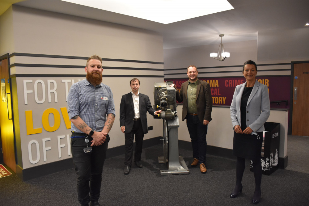 Ashfield District Council, in partnership with Arc Cinema, is putting on the first ever Ashfield Film Festival in Hucknall next week. Pictured: Cinema manager Mark Gallagher (left) with Cllr Lee Waters and Cllr Jason Zadrozny (back) and chief executive of Ashfield District Council Theresa Hodgkinson (right). Photo courtesy of Ashfield District Council.