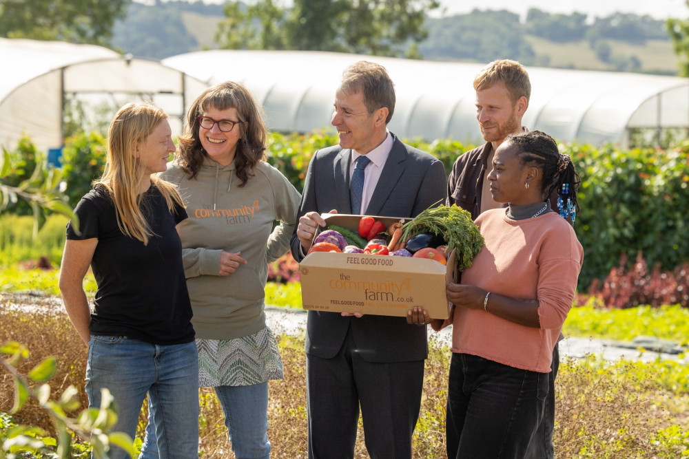  (left to right) are Kim Brooks (MD), Daisy Sutcliffe (Communities and Partnerships Manager), Metro Mayor Dan Norris, Tom Richardson (Communications Manager) and Cheyenne James (Community Farm Champion).