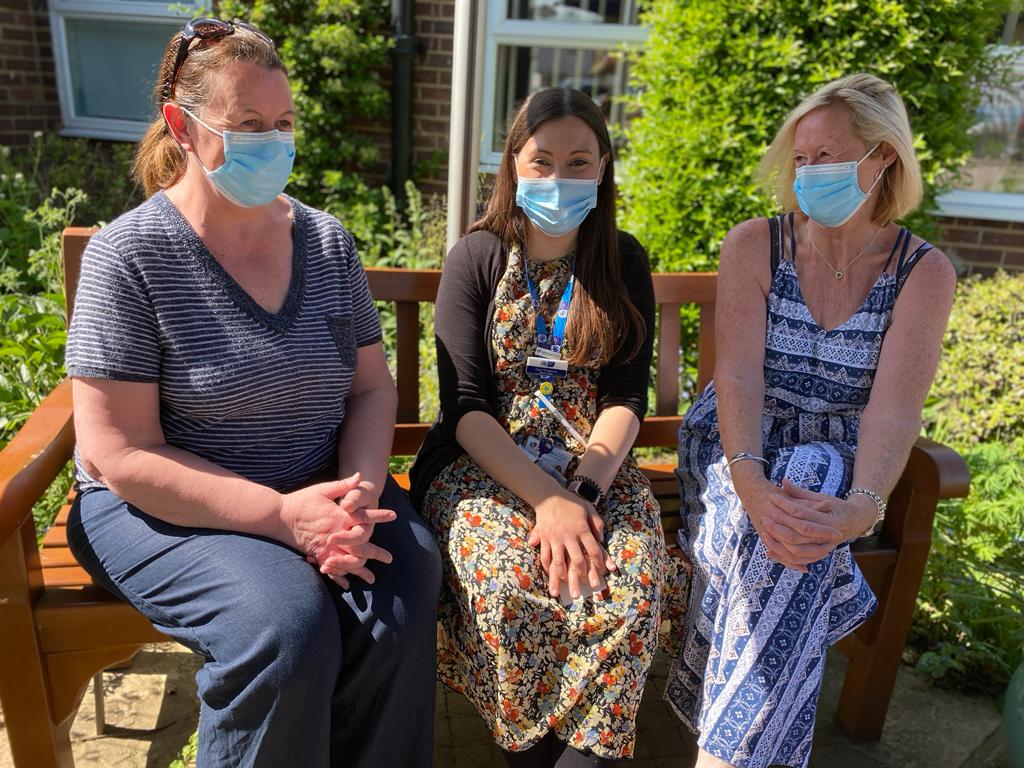 Liz, Lucy and Collette meet for the first time at the hospice. CREDIT: Garden House Hospice 